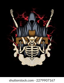 illustration of the grim reaper and skeleton design being pinned down