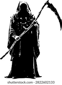 illustration of the Grim Reaper standing hooded with a scythe. Featuring a high-contrast black ink grunge style, faceless dark cloak, and detailed textured robes.