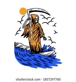 illustration of grim reaper surfing