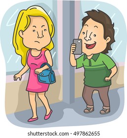 Illustration of a Grinning Man Following an Irritated Girl and Taking Her Photos Without Her Permission