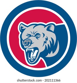 Illustration of a grizzly bear head looking to the side set inside circle on isolated background done in retro style. 