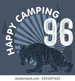 Illustration Grizzly bear tattoo with background mountain Text Happy camping and number 96 with brush paint. Cool fashion style.