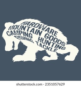 Illustration Grizzly bear tattoo with background mountain Text Happy camping and number 96 with brush paint. Cool fashion style.