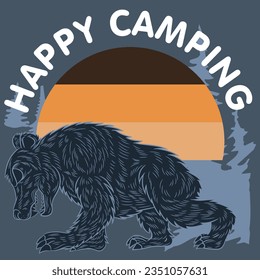 Illustration Grizzly bear tattoo with background mountain Text Happy camping and number 96 with brush paint. Cool fashion style.