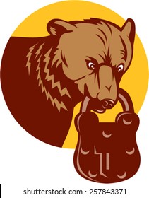 Illustration of a grizzly brown bear biting bear padlock viewed from front set inside circle on isolated background done in retro style. 
