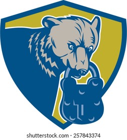 Illustration of a grizzly brown bear biting bear padlock viewed from front set inside shield crest on isolated background done in retro style. 