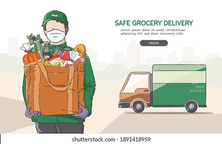 Illustration of grocery delivery man wearing mask and gloves while working, deliver to your door. Safe delivery concept. 