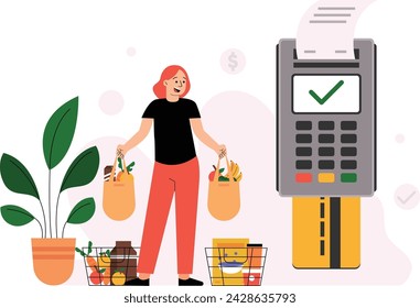 Illustration Grocery Shopping Payment Using Debit Card