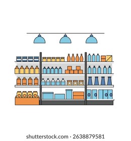 Illustration Grocery Store Shelves Full of Bottles Containers Retail Market