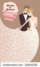 Illustration of groom and bride in light dress made of flowers 