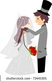 Illustration of a Groom Lifting His Bride's Veil