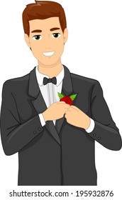 Illustration of a Groom Putting a Corsage on His Suit