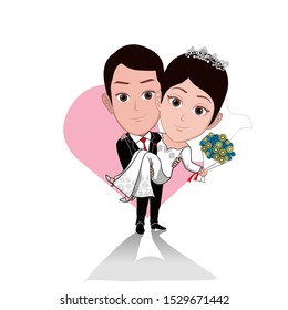 illustration of a groom wearing a tuxedo holding a bride carrying a bouquet of flowers. Vector cartoons that can be used for caricature or mascot templates with plain backgrounds.