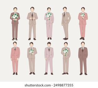 Illustration of Groomsmen in Stylish Suits with Bouquets. Minimalist and modern design featuring various suits in pastel and muted tones. Perfect for wedding-related designs, invitations, and blogs.