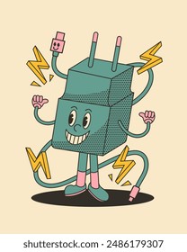 illustration of groovy cartoon character adapter and cellphone charger cable