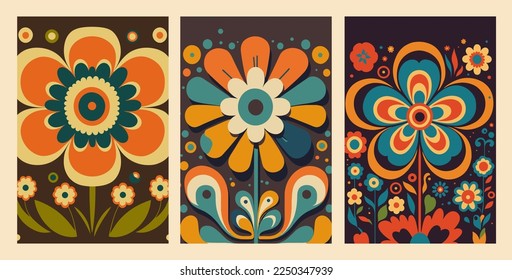 illustration of groovy flower  Psychedelic or hippie style backgrounds. Abstract flowers vector flat color poster