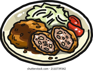 Illustration of Ground Meat Cutlet served on a plate. It is served with shredded cabbage and tomatoes.