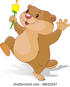 Illustration of Groundhog dancing with first flower for Groundhog Day