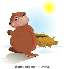 Illustration for Groundhog Day. Groundhog looking at his shadow.