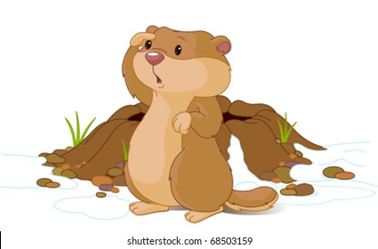 Illustration for Groundhog Day. Groundhog looking at his shadow.