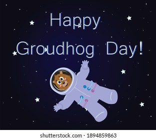 The illustration of a groundhog in a spacesuit flies in space infinity.