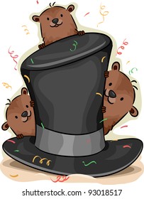 Illustration of Groundhogs Peeking From Behind a Hat