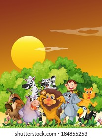 Illustration of a group of animals at the forest