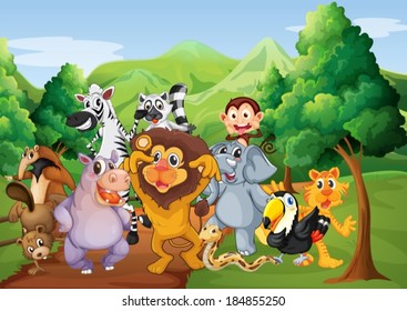 Illustration of a group of animals at the jungle