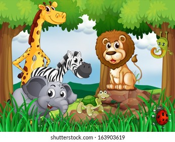 Illustration of a group of animals in the middle of the forest