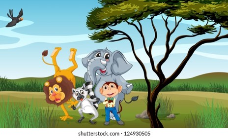 Illustration of a group of animals near a tree
