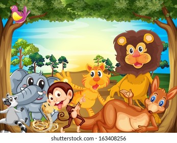 Illustration of a group of animals relaxing under the tree