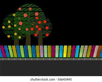 illustration of group apple trees in garden abstract retro night