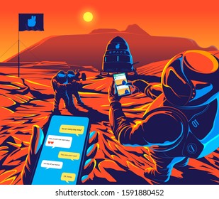 An illustration of a group of astronauts first landed on mars and playing social network and take a selfie.