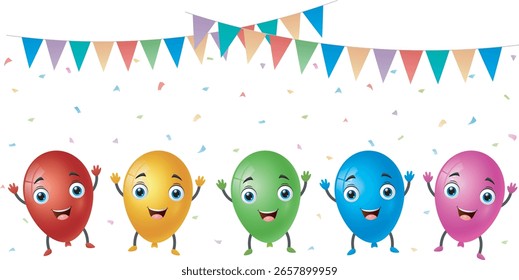 Illustration of a group of balloons with flags and falling confetti