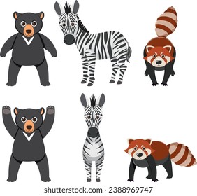 Illustration of a group of bear, zebra, and red panda in a simple cartoon style