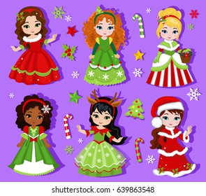 Illustration of group beautiful winter christmas princess.