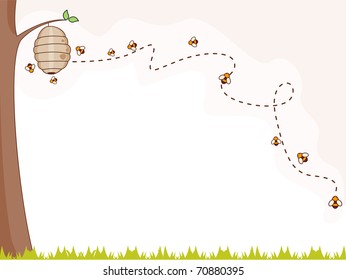 Illustration of a Group of Bees Flying Around a Beehive for Background