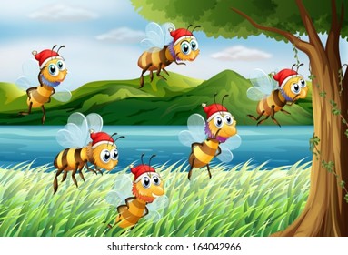 Illustration of a group of bees going to the tree at the riverbank