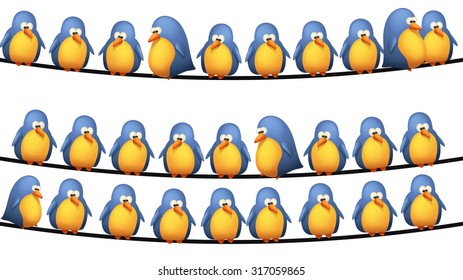illustration of group of birds sitting on wires on white background