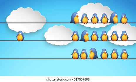 illustration of group of birds sitting on wires on blue background