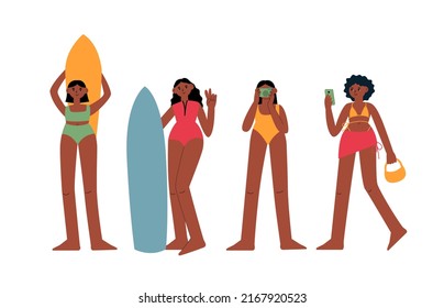 Illustration of group of black afro american beauty women. Diversity equality concept. Girls with surfboards, camera and phone. Cute vector summer illustration. 