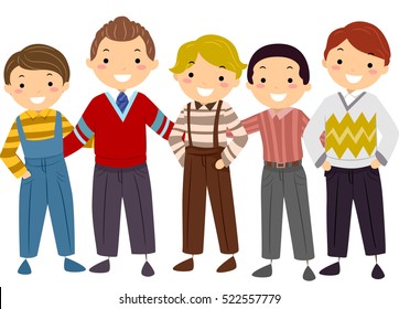 Illustration Of A Group Of Boys Wearing Iconic Vintage Clothing