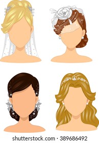 Ilustración de un grupo de novias con diferentes vestidos de cabeza