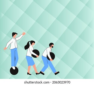 Illustration Of Group Bringing Their Own Heavy Sphere Together. People Drawing Carrying Huge Round Material As A Team. Workiers Cartoon Holding Big Marble.