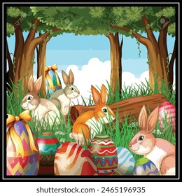 Illustration of a group of bunnies and easter eggs on a nature background with frame