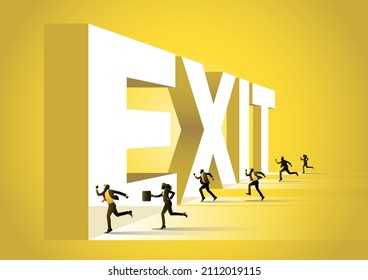 An illustration of group of business people towards giant exit word