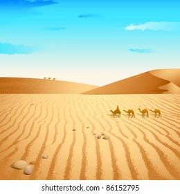 illustration of group of camel walking in desert