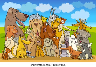 Illustration of group of Cats and Dogs against blue sky