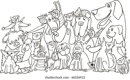 illustration of group of Cats and Dogs for coloring book