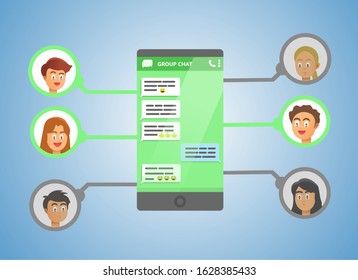 Illustration of group chat with several friends in mobile app. Three of them are in online mode while the other three are in offline mode.